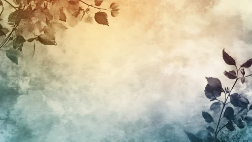 Muted botanical silhouettes frame soft gradient sky field