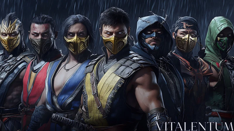 Masked stormwalkers align in rainlit battle formation.