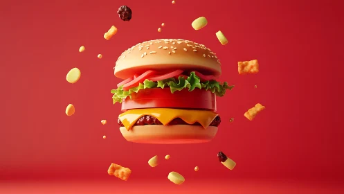 Gravity-defying burger orbiting in a crunchy red cosmos.