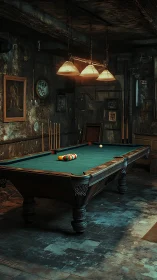 Vintage billiards table glows under warm suspended lamps.