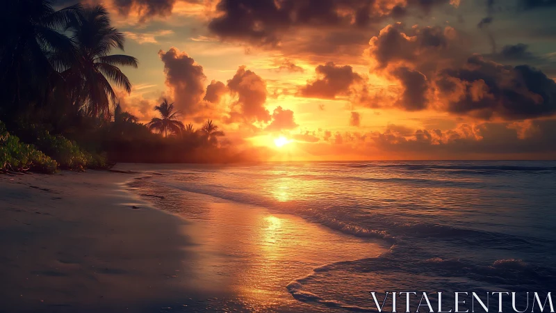 Tropical beach sunset illuminates clouds and reflective surf
