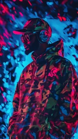 Streetwear DJ in neon camo hoodie under blue red lights.