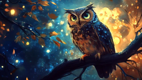 Enchanted Owl in Vibrant Night Forest, Digital Art Illustration.