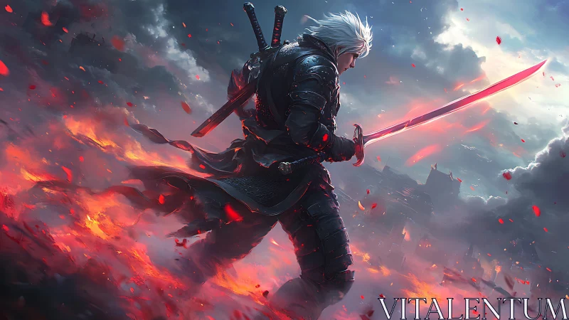 Armored white-haired swordsman strides through embers with glowing katana