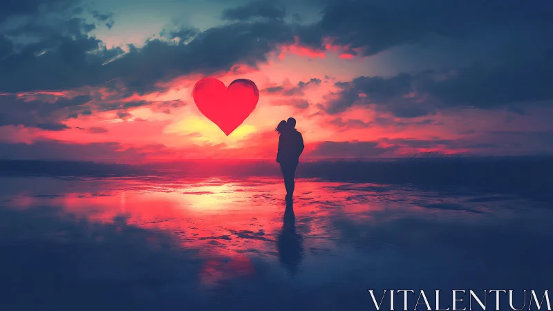Solitary figure stands before oversized red heart at sunset