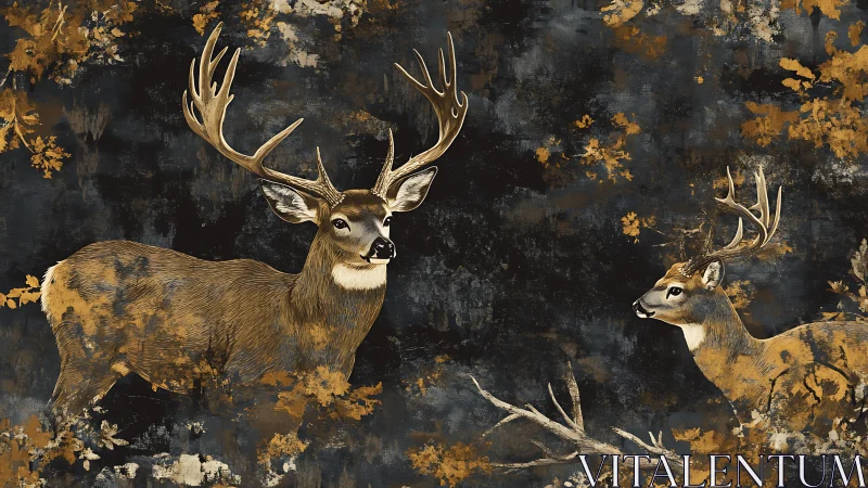 Gentle autumn stags sharing a quiet forest moment together.