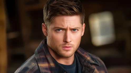 Brooding man in plaid jacket in warmly lit rustic space.