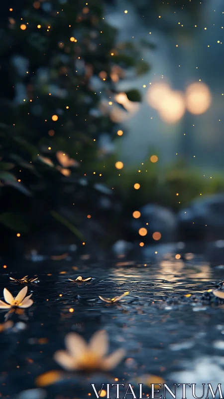 Floating flowers and suspended light points occupy a shallow stream