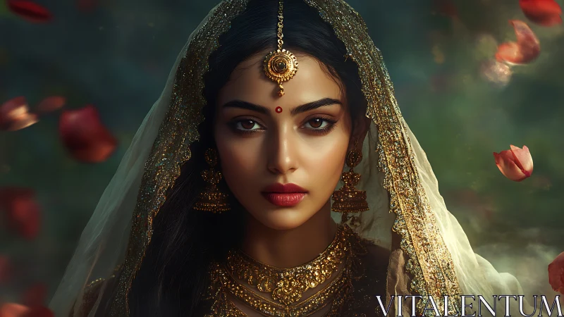 Regal bride gazes forward amid drifting rose petals.