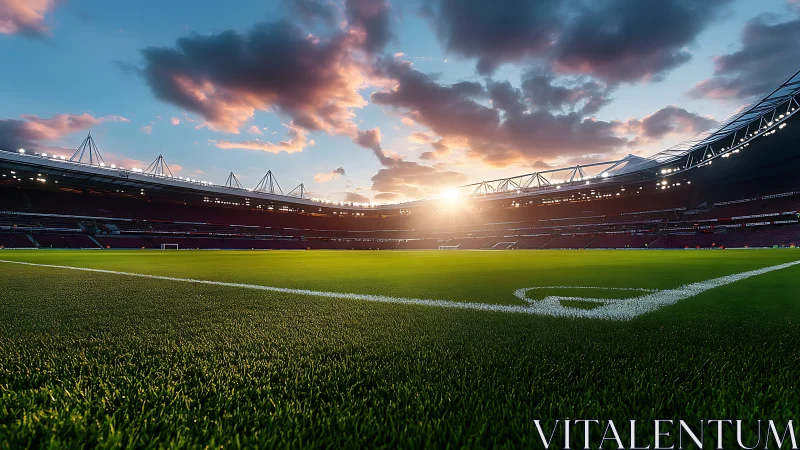 Sunlit soccer stadium glows over pristine green pitch.