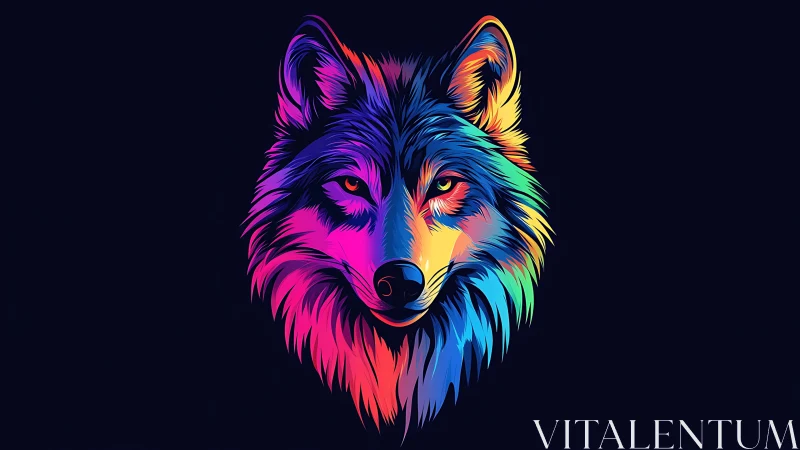 Neon wolf portrait glows with saturated gradient color spectrum.