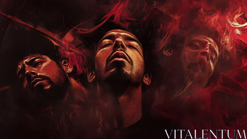 Surreal red portrait triptych with ascending male faces.