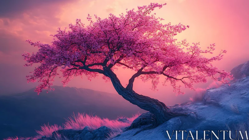 Blossoming dream tree leans into a neon twilight horizon