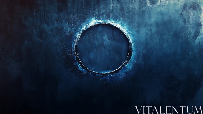 Textured blue void circle on distressed abstract wall surface.
