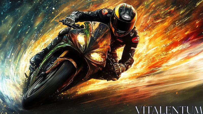Motorcyclist leans into high speed turn with fiery motion