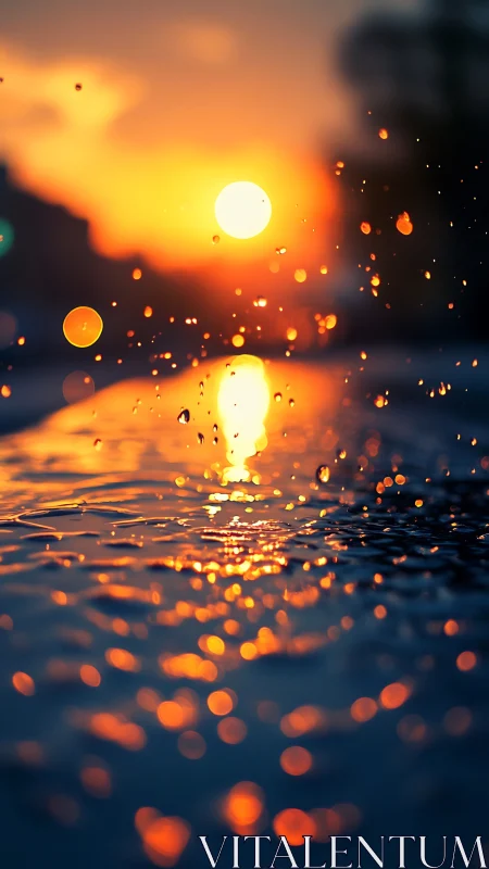 Liquid sunset bokeh with suspended droplets in motion.