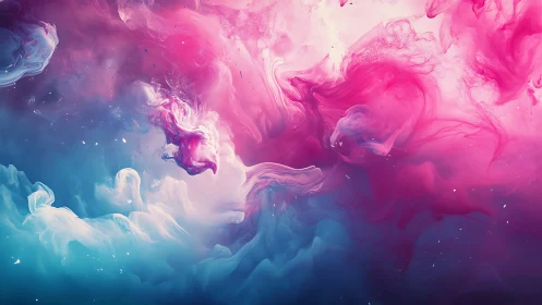 Colored fluid plumes interact within a diffuse abstract field