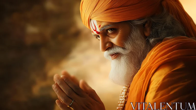 Chromatically warm digital portrait of meditative elder guru.