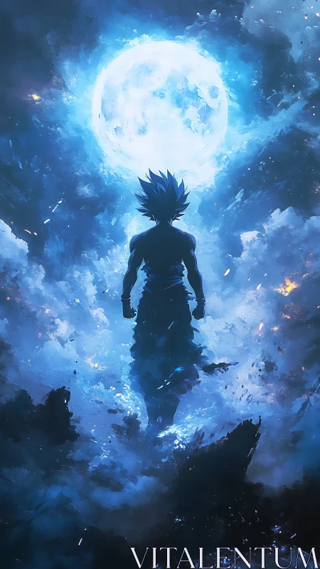 Lone anime warrior ascends toward a glowing celestial moon.