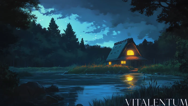 Cozy riverside cabin glows warmly beneath a deep blue night sky