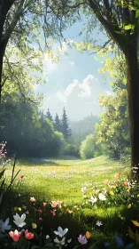 Sunlit forest meadow with wildflowers under open sky.