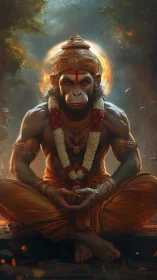 Divine monkey warrior in meditative firelit forest scene.