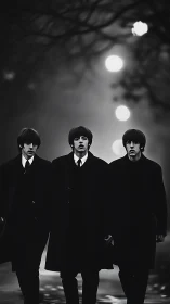 Triadic group walking through misty, high-contrast night street