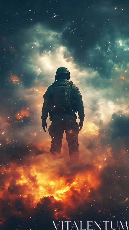 Armored soldier levitates through incendiary storm clouds