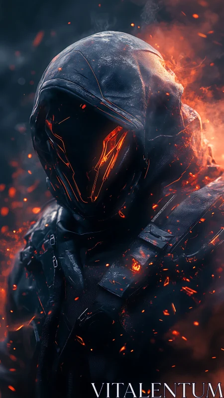 Ember-veiled cyber wraith stalks through drifting sparks.