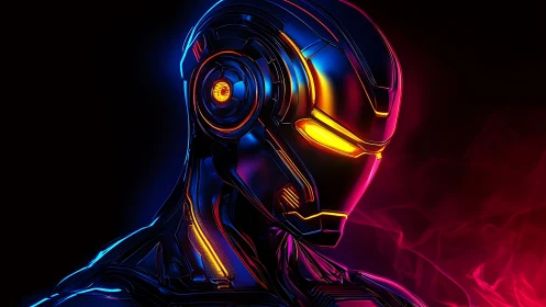 Neon cybernetic warrior head with luminous visor glow.