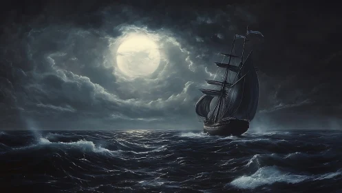 Moonlit storm seascape with lone tall ship under clouds.