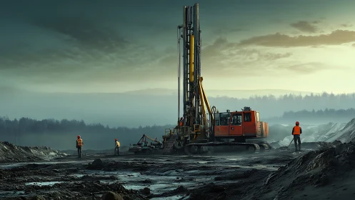 Drilling rig dominates foggy open-pit site at blue hour