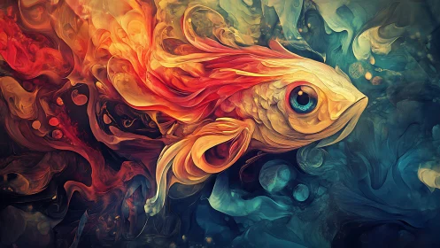 Vibrant abstract koi rendered in swirling chromatic currents.