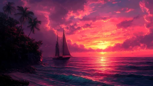 High-saturation tropical seascape with silhouetted sailing vessel at sunset