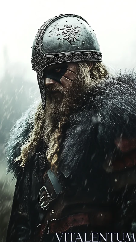 Snow-drenched Viking warrior in engraved nasal helm profile