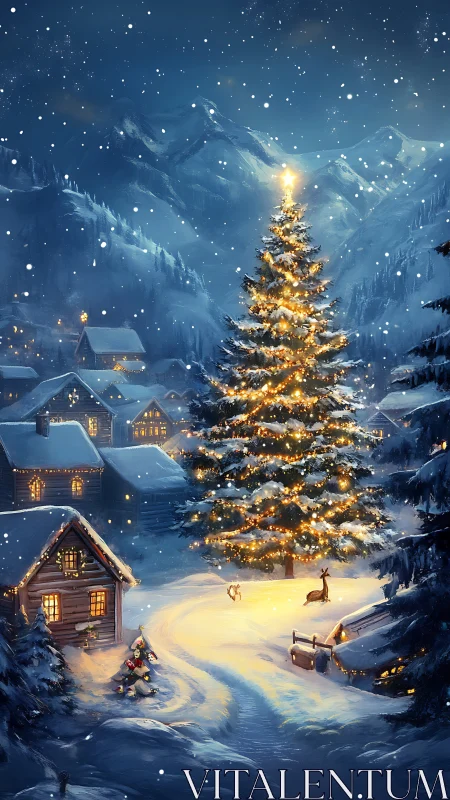 Snow-covered village square with illuminated conifer tree.