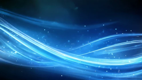 Luminescent blue energy waves with dynamic particle trails.