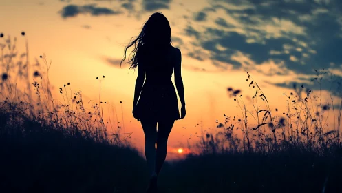 Silhouette of lone figure in meadow at low sunset horizon.