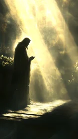 Quiet silhouette in a golden hall of drifting light.