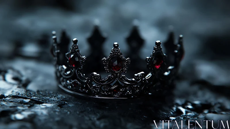 Dark metal crown with red gemstones on textured surface.