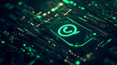 Glowing neon WhatsApp chip on futuristic circuit board.