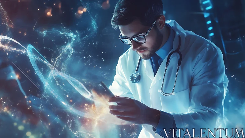 Futuristic doctor studies holographic medical data stream.