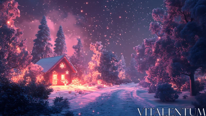 Snowy forest cabin under glowing pink winter night sky