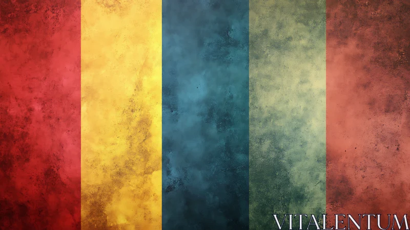 Five weathered color pillars quietly divide a fading sky