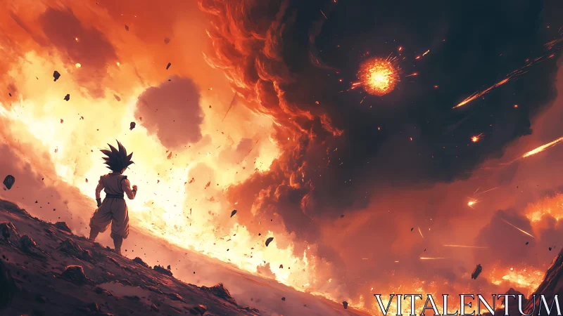 Lone anime warrior facing apocalyptic sky of fire and meteors.