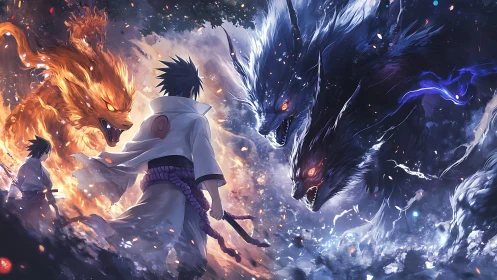 Swordsman faces fiery fox and dark multiheaded wolf spirits.