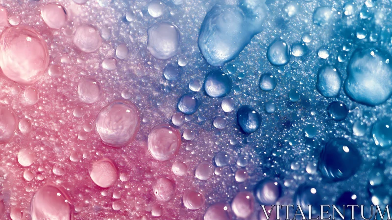 Macro oil droplets merge over pink and blue gradient field