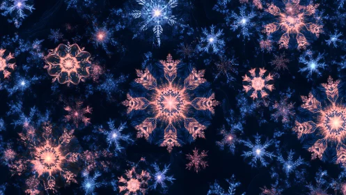 Glowing coral and sapphire fractal snowflakes in voided night.
