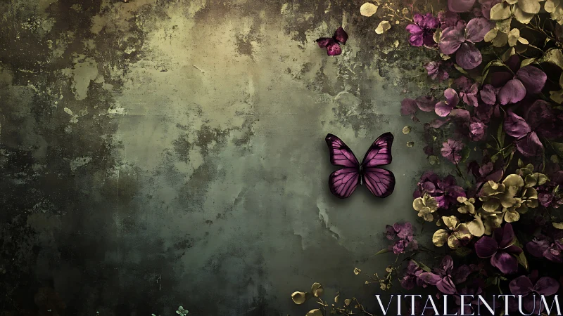 Butterflies are positioned against textured wall with florals