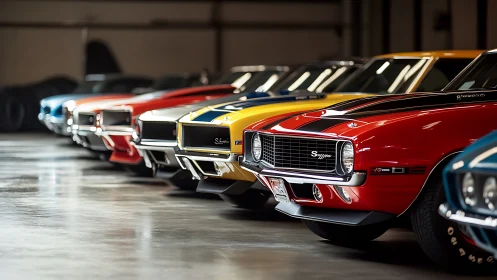 Colorful classic muscle cars lined up in a sunlit garage.